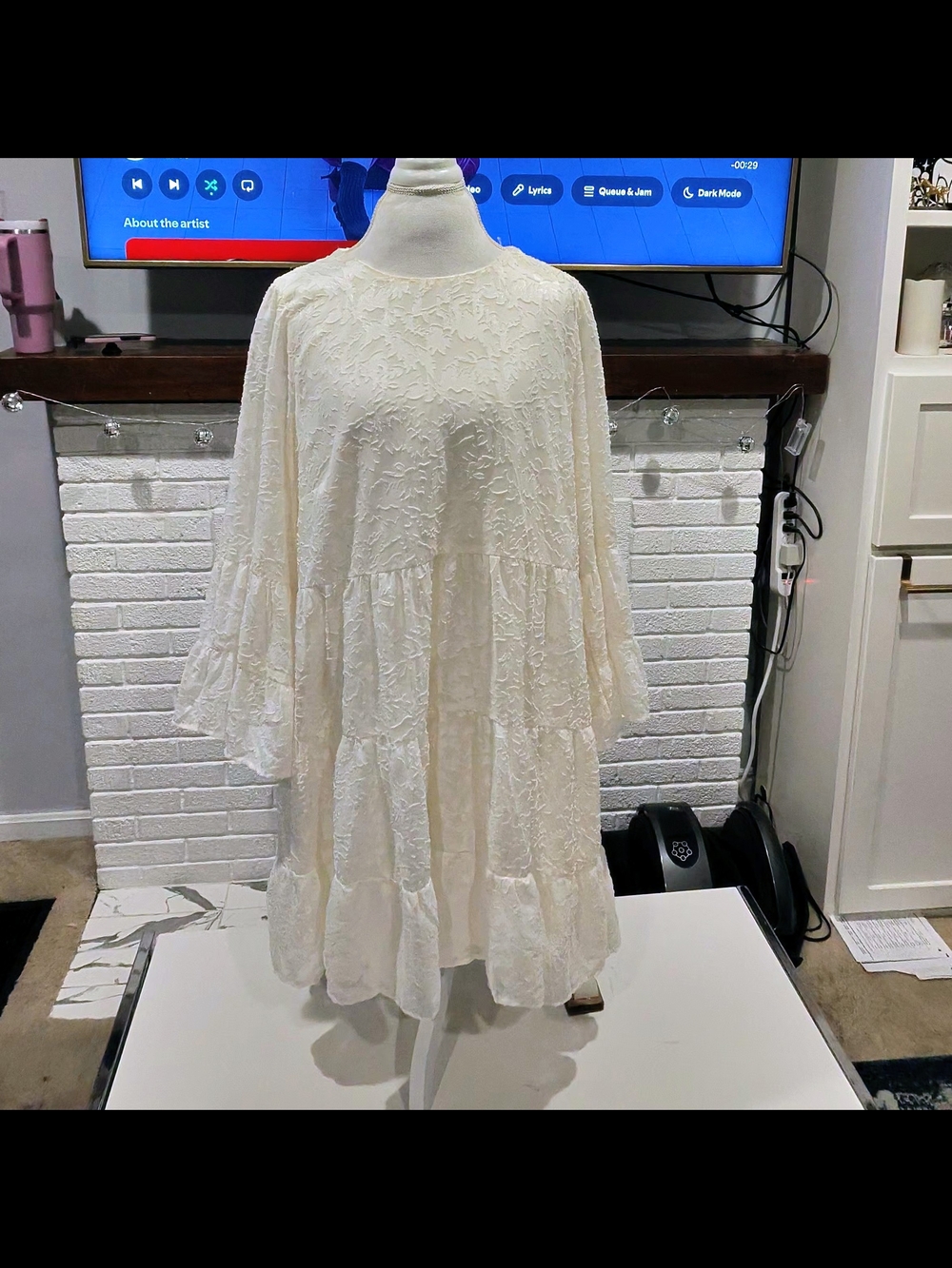 ARULA Cream Lace Tiered Long Sleeve Swing Dress